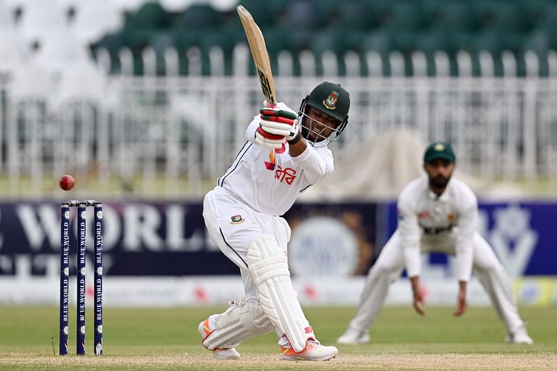 Bangladesh’s Zakir Hasan plays a shot during the fourth day of the second and last Test cricket match between Pakistan and Bangladesh, at the Rawalpindi Cricket Stadium in Rawalpindi on 2 September 2024